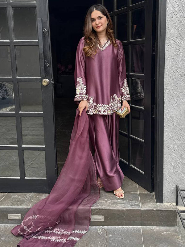 Wine Embroidery Sequence Work Natural Crep Silk Farshi Salwar Suit