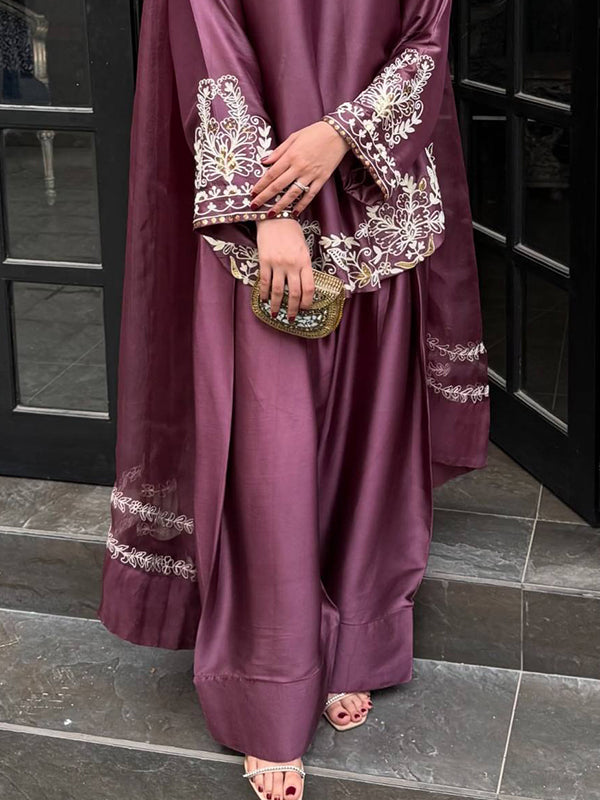 Wine Embroidery Sequence Work Natural Crep Silk Farshi Salwar Suit