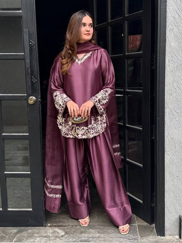 Wine Embroidery Sequence Work Natural Crep Silk Farshi Salwar Suit