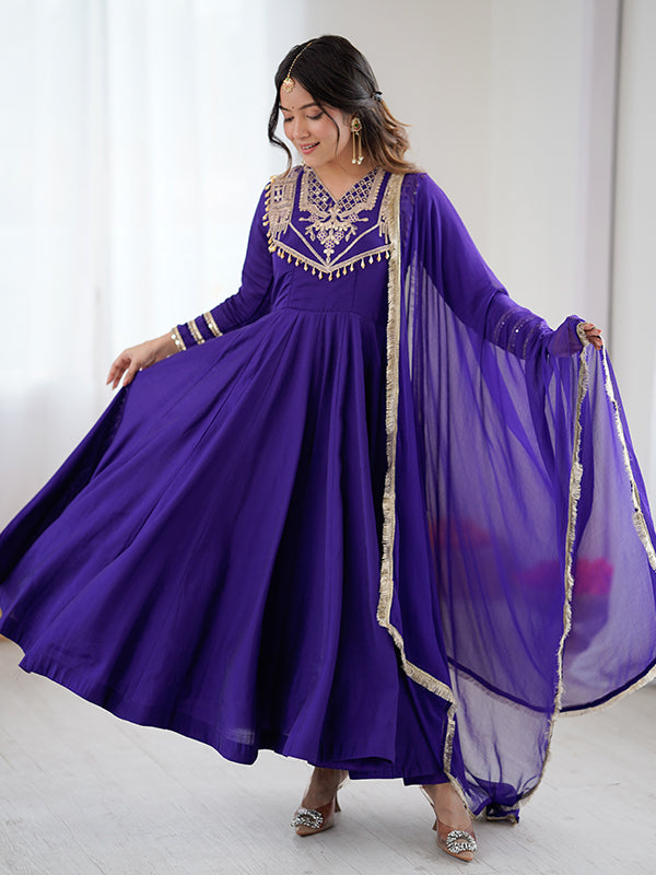Purple Codding Work Roman Silk Anarkali Gown With Nazmin Silk Dupatta