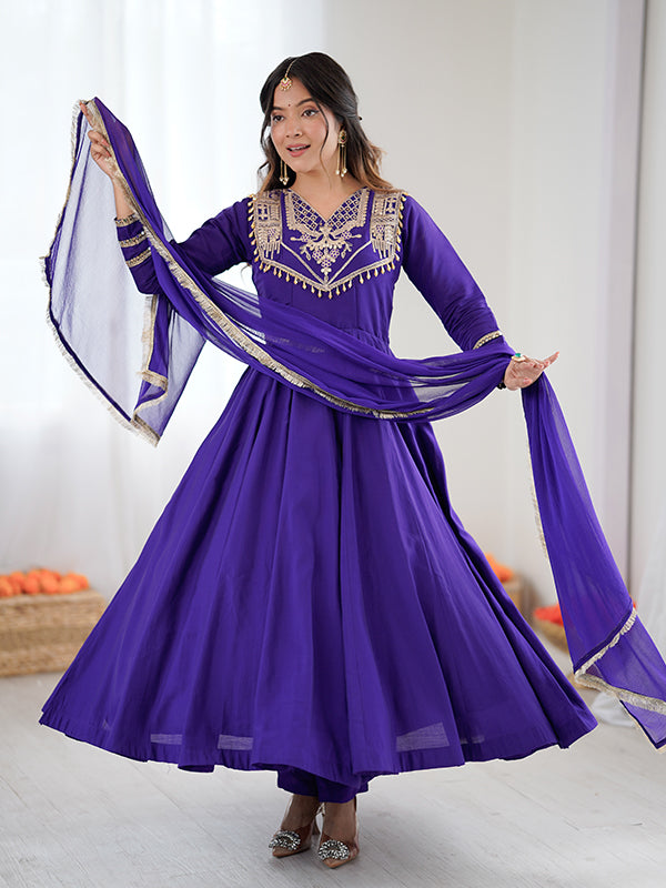 Purple Codding Work Roman Silk Anarkali Gown With Nazmin Silk Dupatta