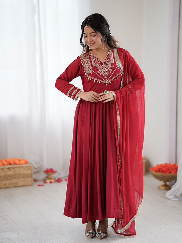 Red Codding Work Roman Silk Anarkali Gown With Nazmin Silk Dupatta