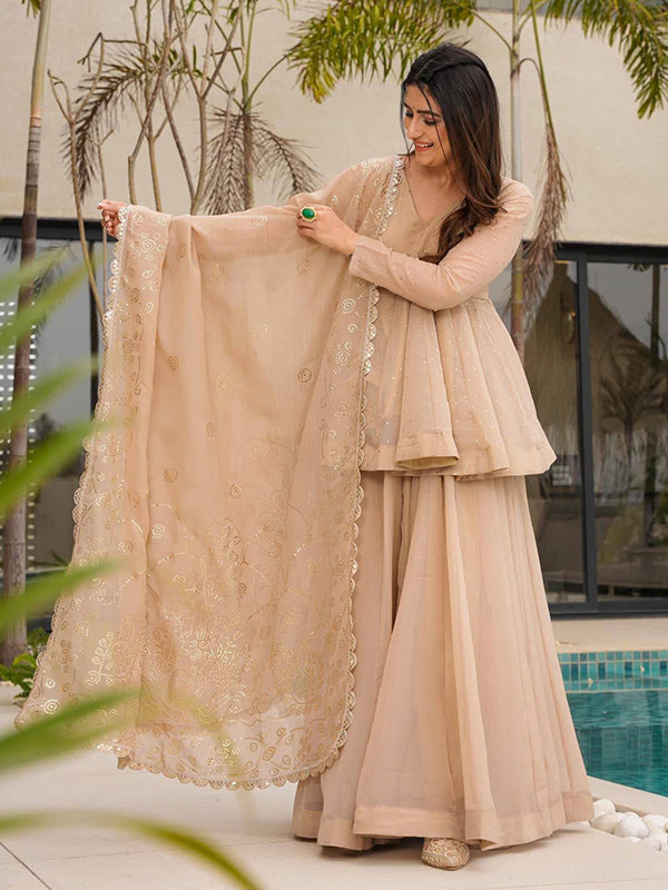 Beige Mukaish Work Tabby Organza Top Flared Sharara With Dupatta