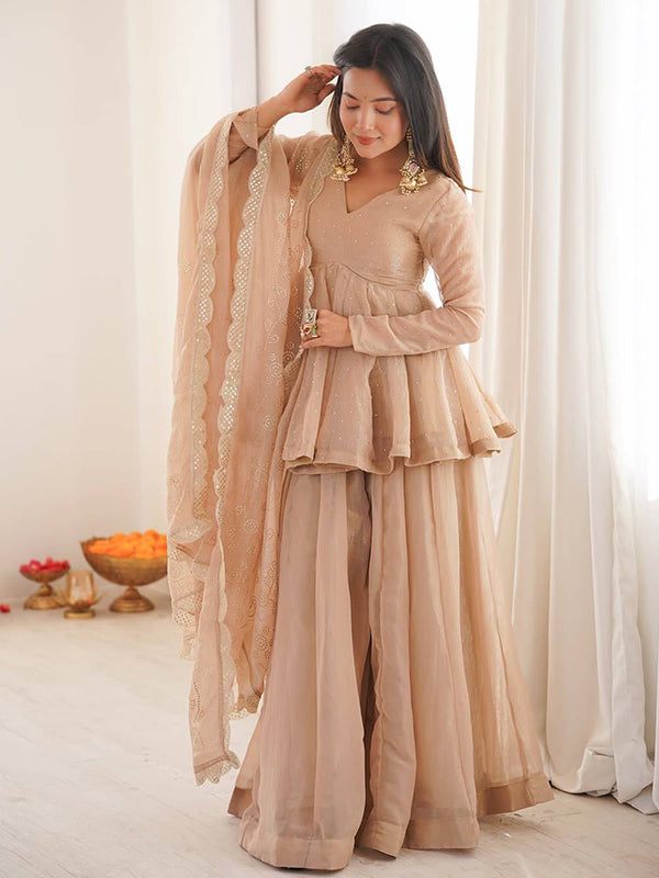 Beige Mukaish Work Tabby Organza Top Flared Sharara With Dupatta