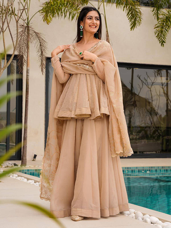 Beige Mukaish Work Tabby Organza Top Flared Sharara With Dupatta