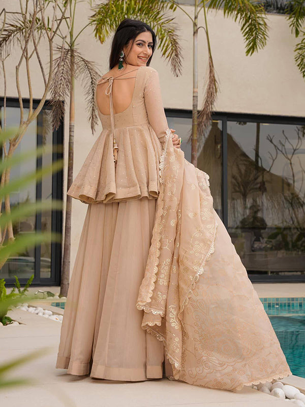 Beige Mukaish Work Tabby Organza Top Flared Sharara With Dupatta