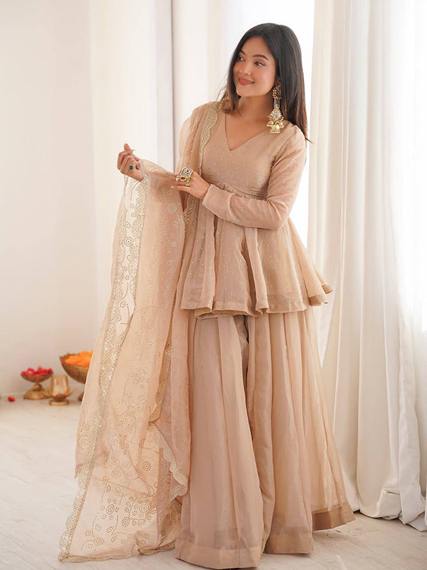 Beige Mukaish Work Tabby Organza Top Flared Sharara With Dupatta