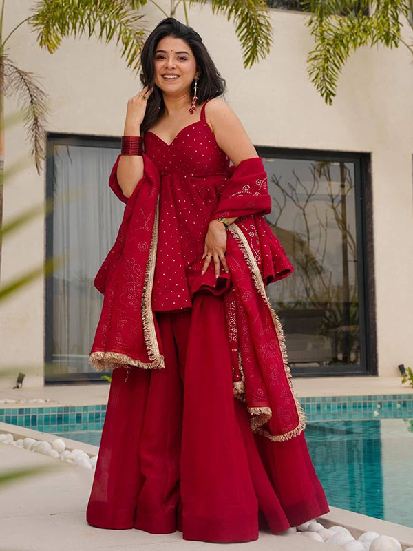Red Mukaish Work Tabby Organza Top Flared Sharara With Dupatta