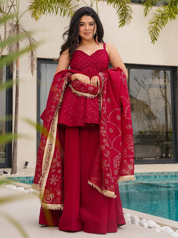Red Mukaish Work Tabby Organza Top Flared Sharara With Dupatta