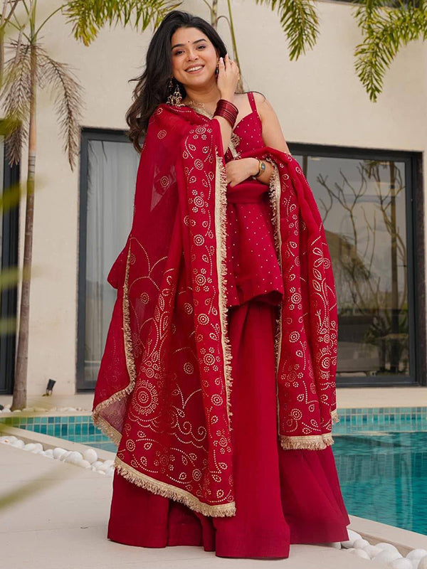 Red Mukaish Work Tabby Organza Top Flared Sharara With Dupatta