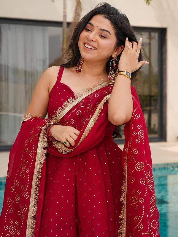 Red Mukaish Work Tabby Organza Top Flared Sharara With Dupatta