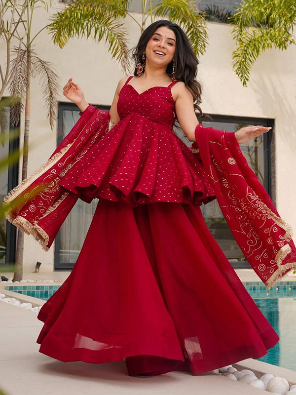 Red Mukaish Work Tabby Organza Top Flared Sharara With Dupatta
