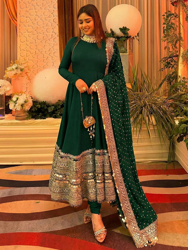 Green Codding Sequence Work Roman Silk Anarkali Gown With Georgette Dupatta