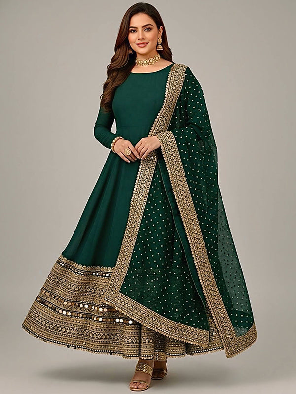 Green Codding Sequence Work Roman Silk Anarkali Gown With Georgette Dupatta