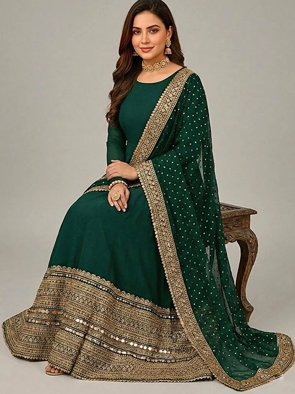 Green Codding Sequence Work Roman Silk Anarkali Gown With Georgette Dupatta