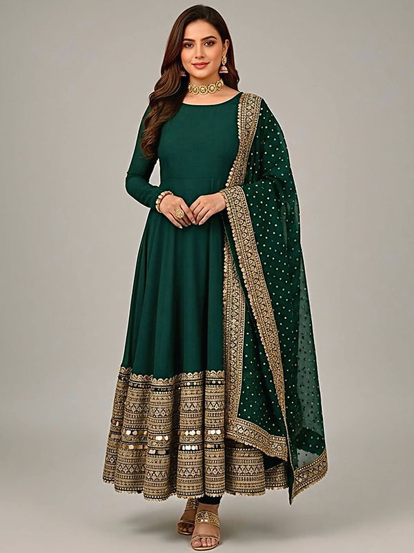 Green Codding Sequence Work Roman Silk Anarkali Gown With Georgette Dupatta