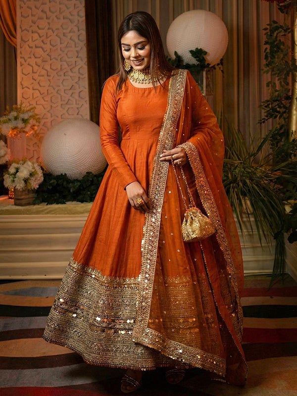 Orange Codding Sequence Work Roman Silk Anarkali Gown With Georgette Dupatta