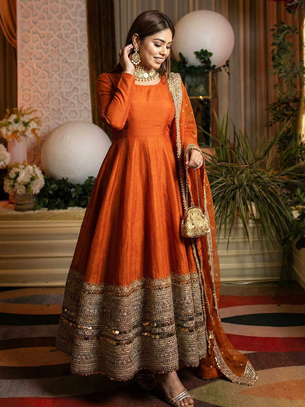 Orange Codding Sequence Work Roman Silk Anarkali Gown With Georgette Dupatta