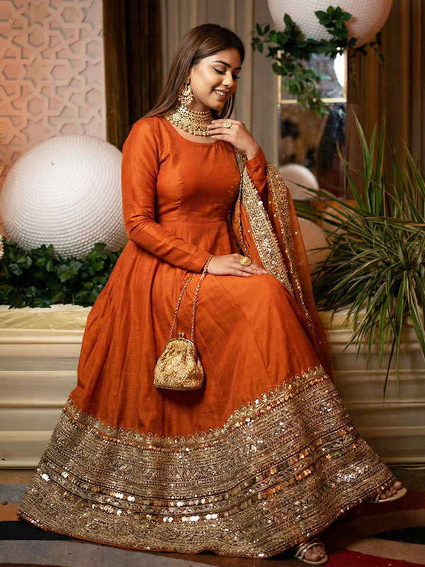 Orange Codding Sequence Work Roman Silk Anarkali Gown With Georgette Dupatta