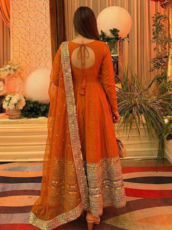 Orange Codding Sequence Work Roman Silk Anarkali Gown With Georgette Dupatta