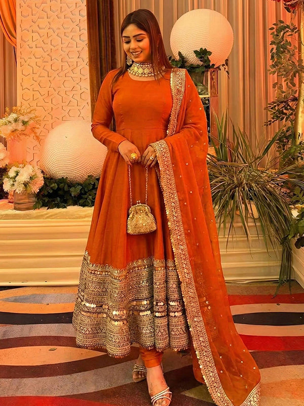 Orange Codding Sequence Work Roman Silk Anarkali Gown With Georgette Dupatta