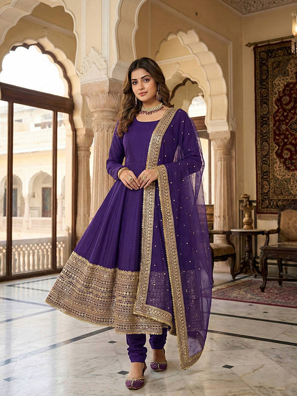 Purple Codding Sequence Work Roman Silk Anarkali Gown With Georgette Dupatta