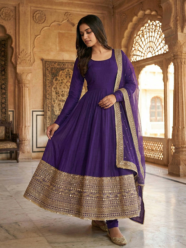 Purple Codding Sequence Work Roman Silk Anarkali Gown With Georgette Dupatta