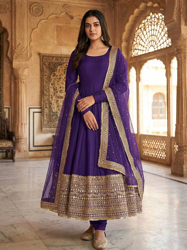 Purple Codding Sequence Work Roman Silk Anarkali Gown With Georgette Dupatta