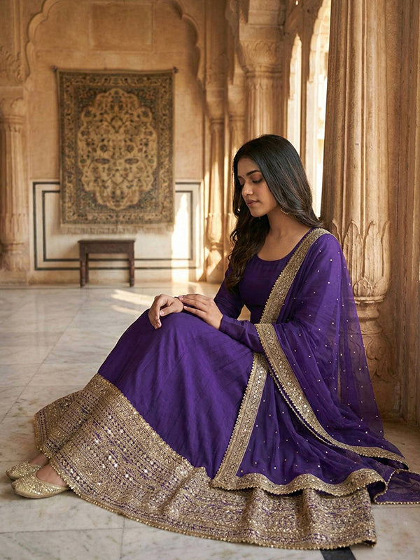 Purple Codding Sequence Work Roman Silk Anarkali Gown With Georgette Dupatta