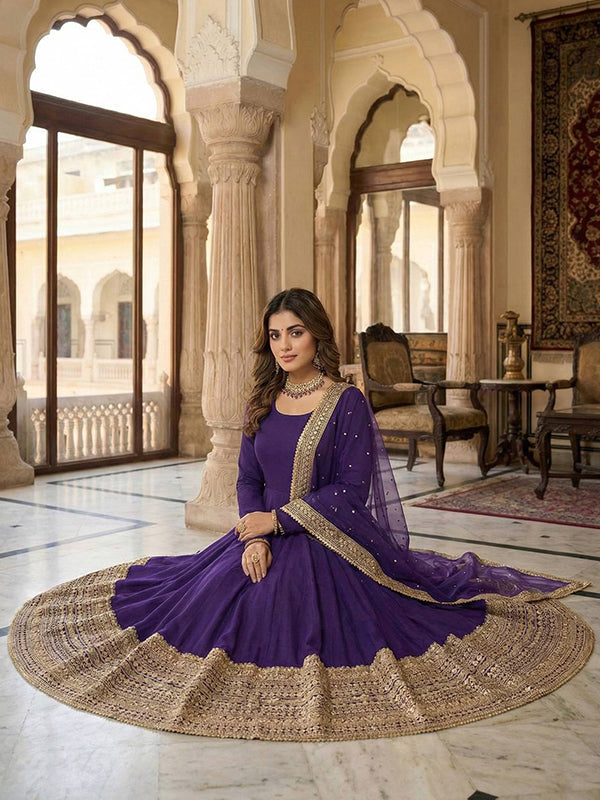 Purple Codding Sequence Work Roman Silk Anarkali Gown With Georgette Dupatta