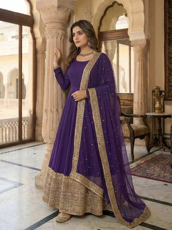 Purple Codding Sequence Work Roman Silk Anarkali Gown With Georgette Dupatta