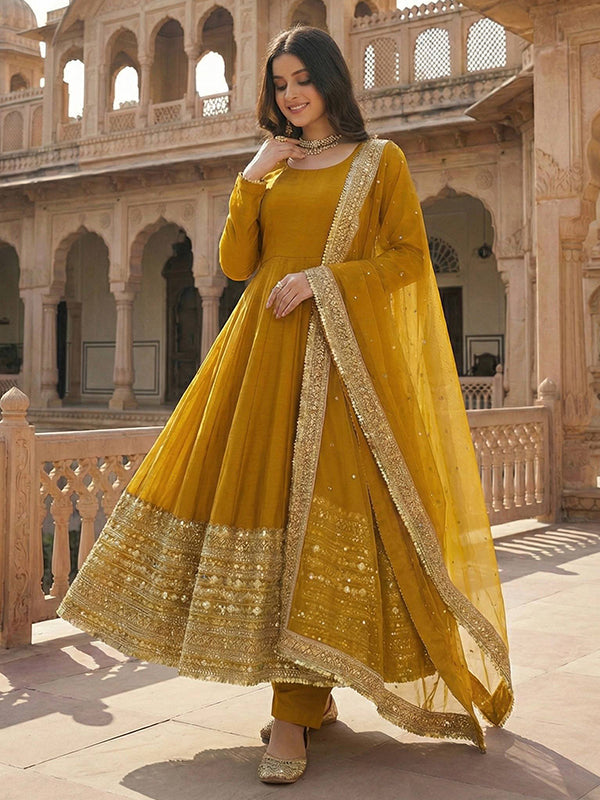 Yellow Codding Sequence Work Roman Silk Anarkali Gown With Georgette Dupatta