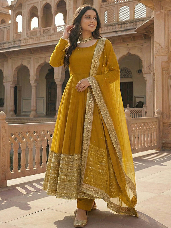 Yellow Codding Sequence Work Roman Silk Anarkali Gown With Georgette Dupatta