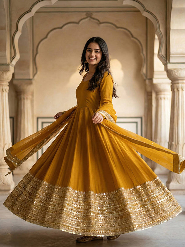 Yellow Codding Sequence Work Roman Silk Anarkali Gown With Georgette Dupatta