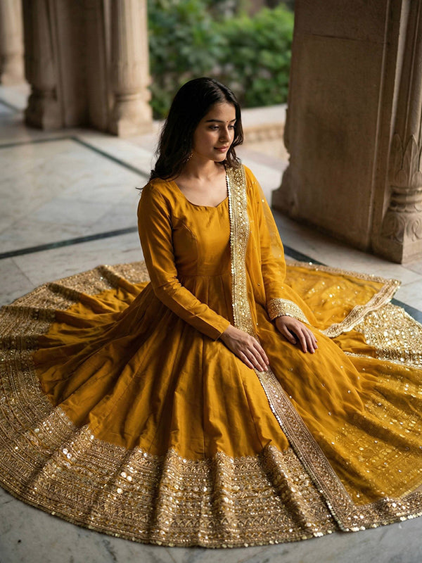 Yellow Codding Sequence Work Roman Silk Anarkali Gown With Georgette Dupatta
