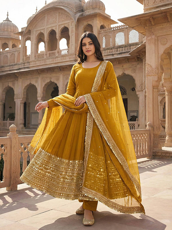 Yellow Codding Sequence Work Roman Silk Anarkali Gown With Georgette Dupatta