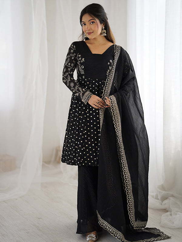 Black Embroidery Sequence Work Crunchy Silk Sharara Set With Dupatta