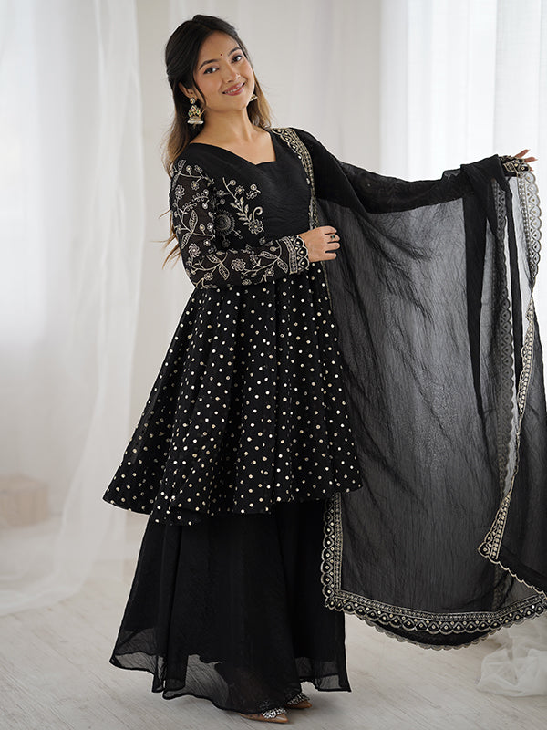 Black Embroidery Sequence Work Crunchy Silk Sharara Set With Dupatta