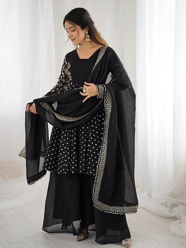 Black Embroidery Sequence Work Crunchy Silk Sharara Set With Dupatta