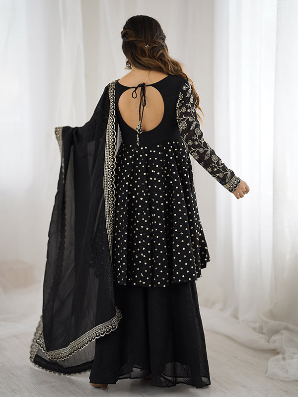 Black Embroidery Sequence Work Crunchy Silk Sharara Set With Dupatta