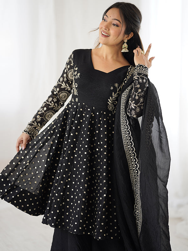 Black Embroidery Sequence Work Crunchy Silk Sharara Set With Dupatta
