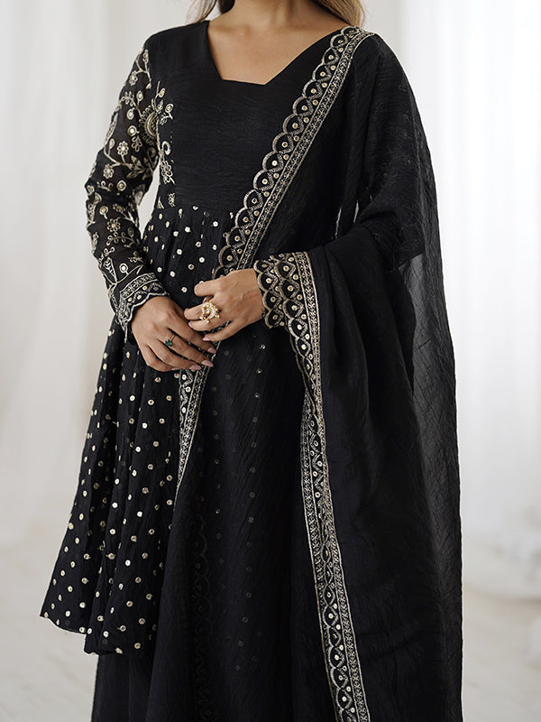 Black Embroidery Sequence Work Crunchy Silk Sharara Set With Dupatta