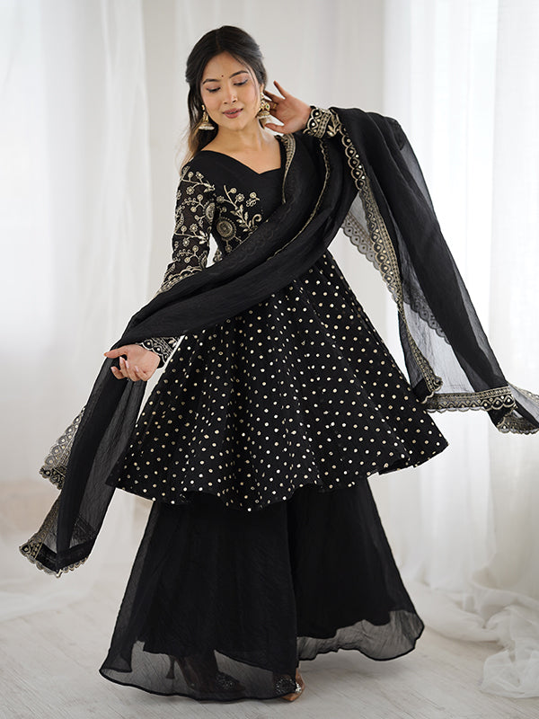 Black Embroidery Sequence Work Crunchy Silk Sharara Set With Dupatta