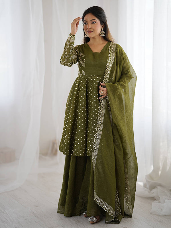 Mehndi Green Embroidery Sequence Work Crunchy Silk Sharara Set With Dupatta