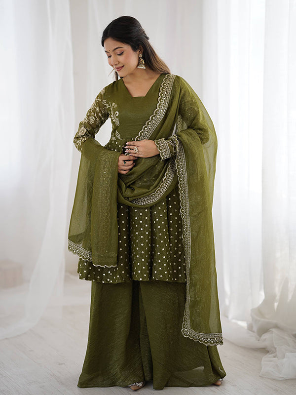 Mehndi Green Embroidery Sequence Work Crunchy Silk Sharara Set With Dupatta