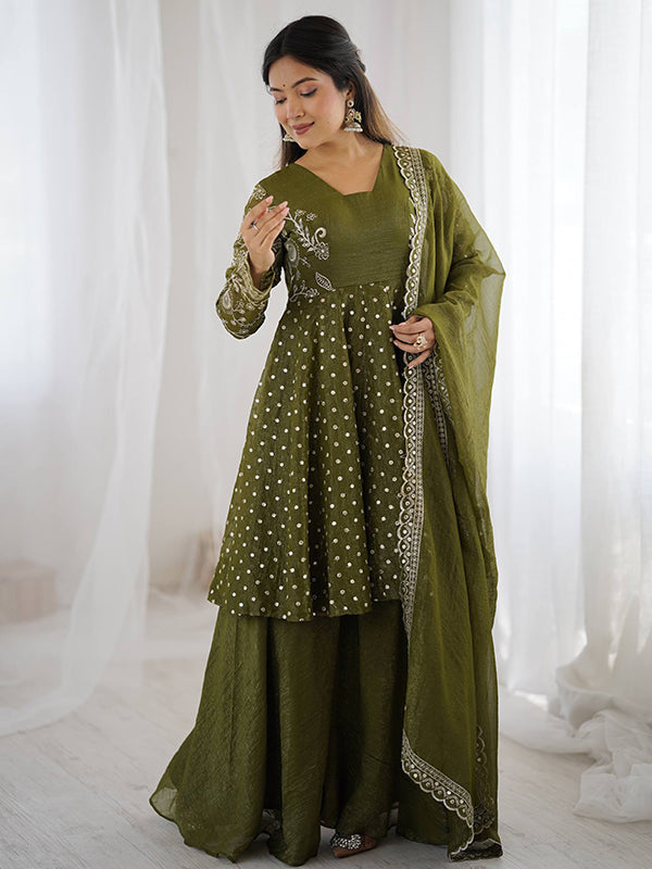 Mehndi Green Embroidery Sequence Work Crunchy Silk Sharara Set With Dupatta