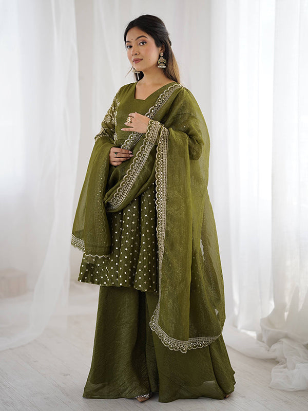 Mehndi Green Embroidery Sequence Work Crunchy Silk Sharara Set With Dupatta