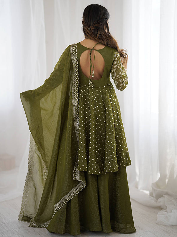 Mehndi Green Embroidery Sequence Work Crunchy Silk Sharara Set With Dupatta