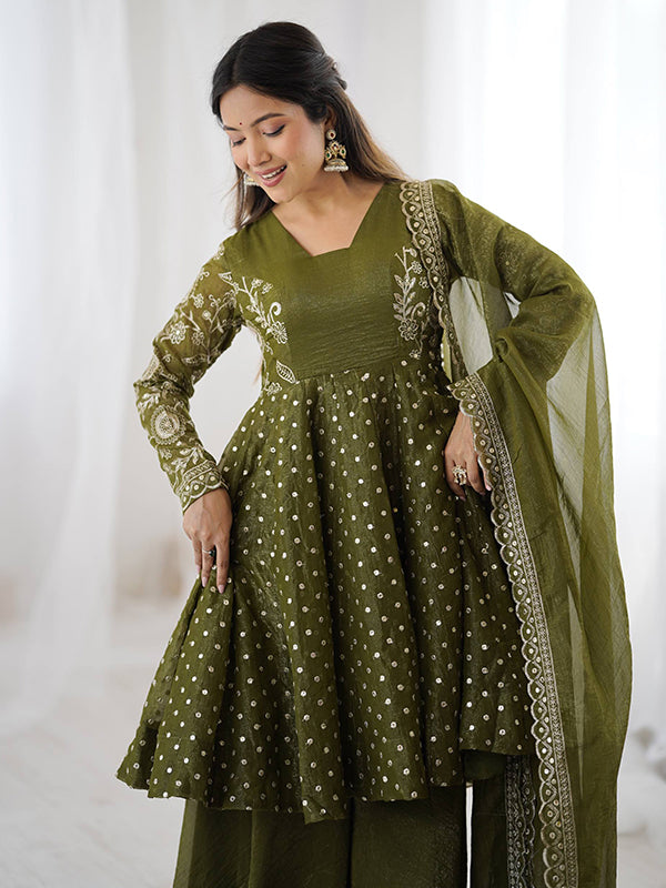 Mehndi Green Embroidery Sequence Work Crunchy Silk Sharara Set With Dupatta