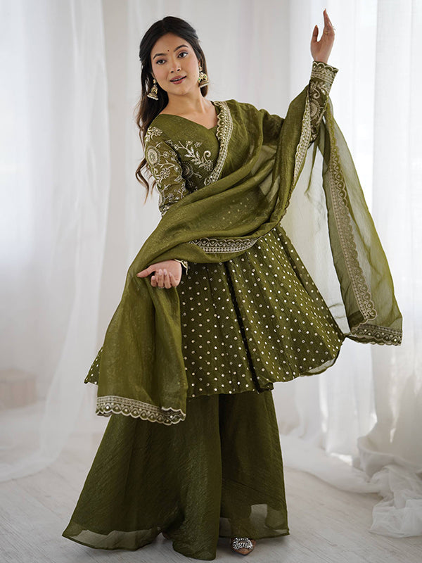 Mehndi Green Embroidery Sequence Work Crunchy Silk Sharara Set With Dupatta